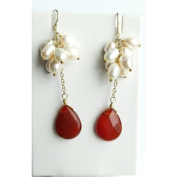 Host PICK New white freshwater pearl carnelian dangle earrings - Picture 4 of 5